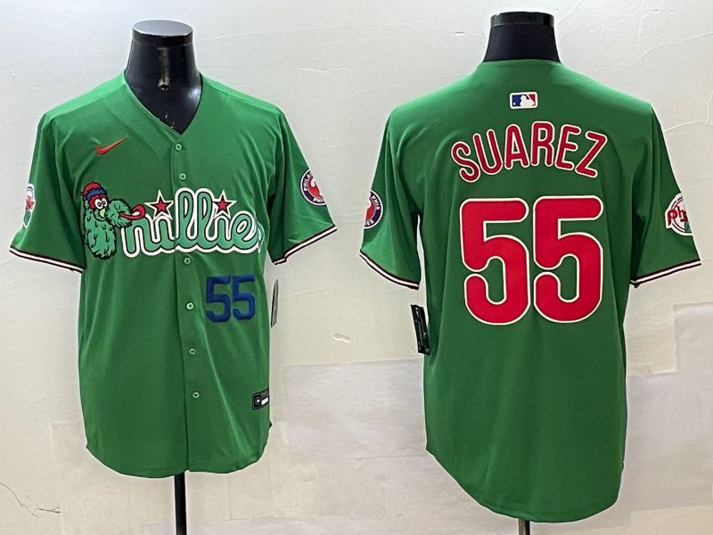 Men Philadelphia Phillies 55 Suarez Green Three generations Joint Name Game 2025 Nike MLB Jersey style 4